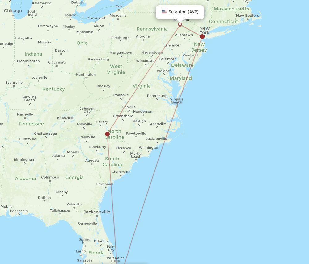 FLL to AVP flights and routes map