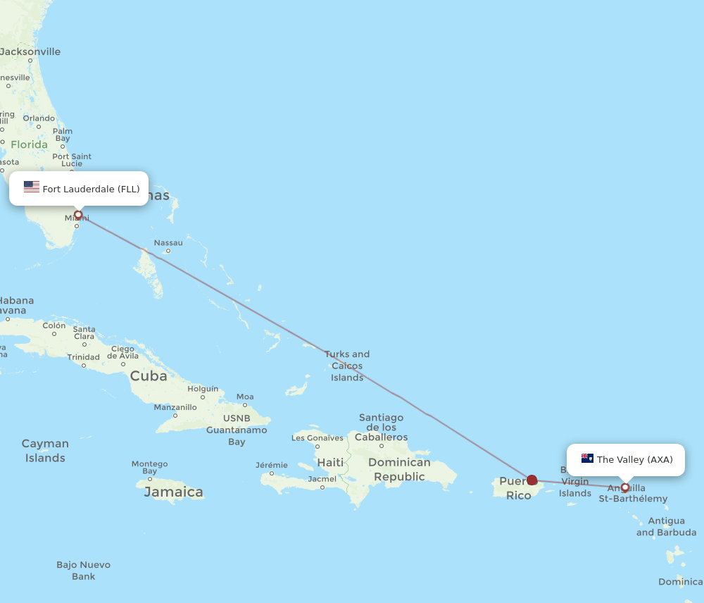 Fort Lauderdale - Anguilla route map and flight paths