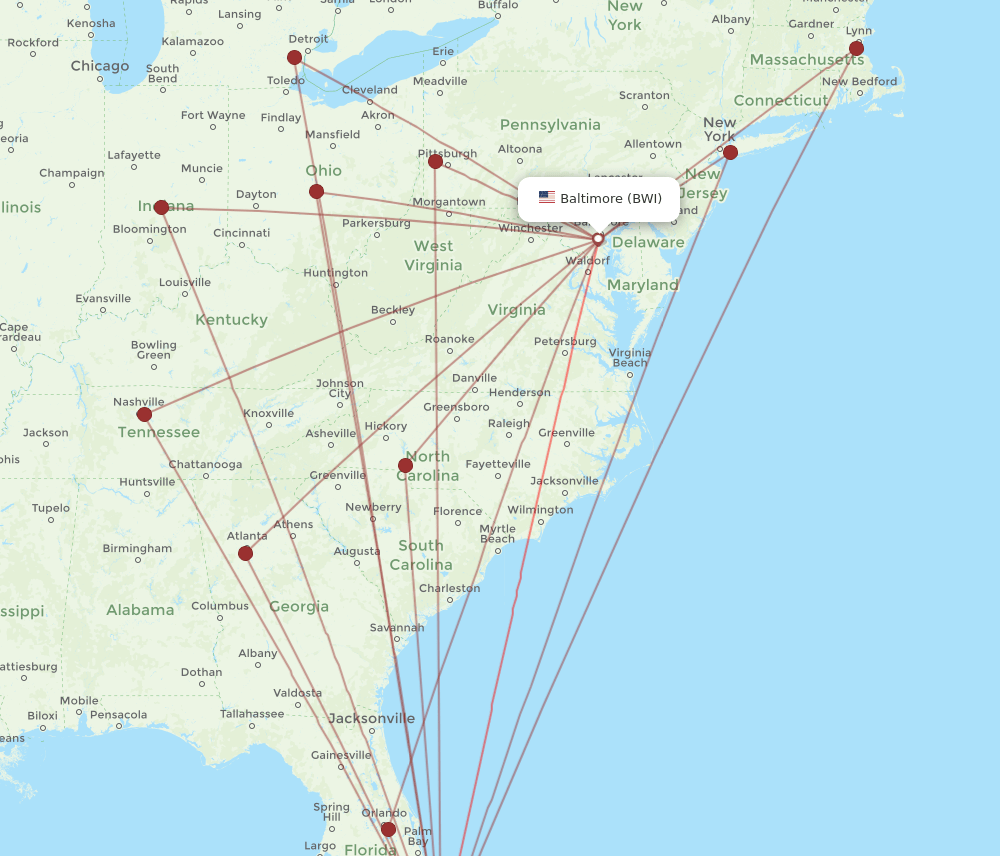 FLL to BWI flights and routes map