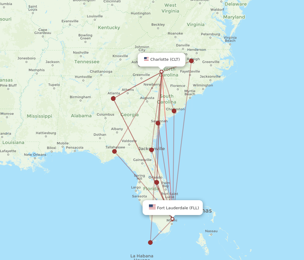 FLL to CLT flights and routes map