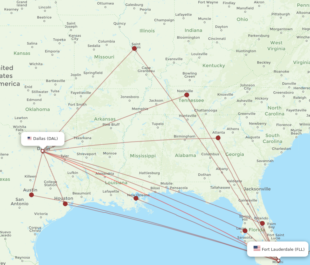 FLL to DAL flights and routes map