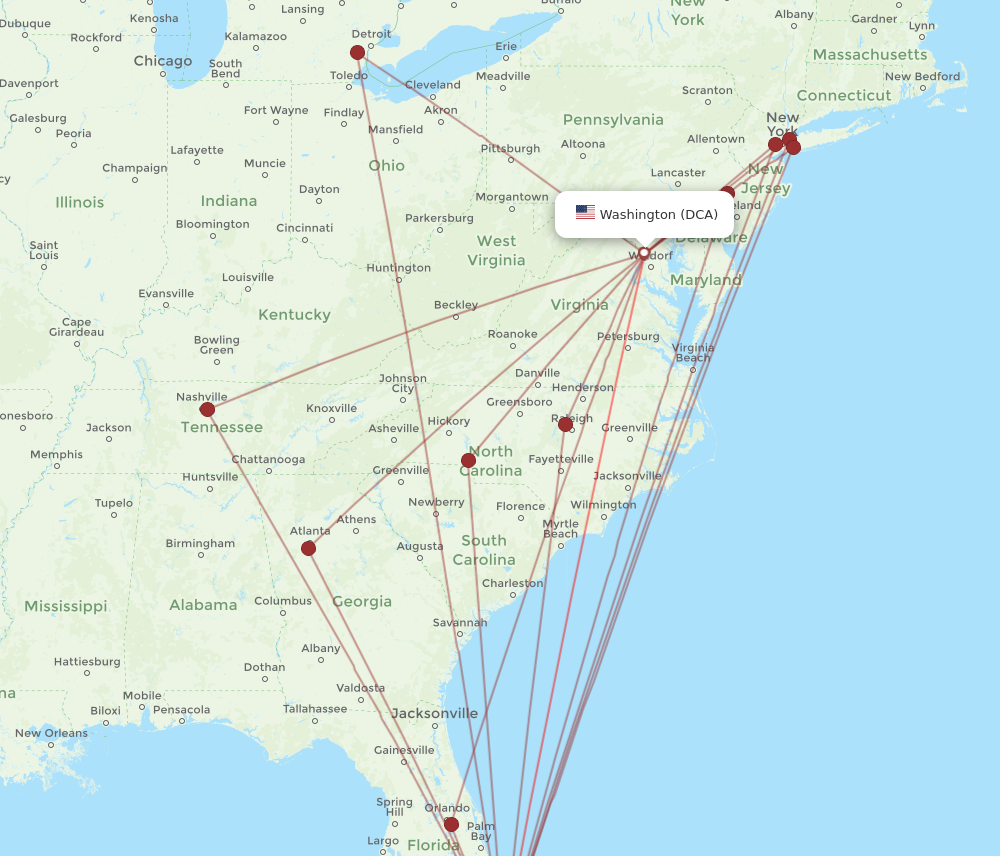 FLL to DCA flights and routes map