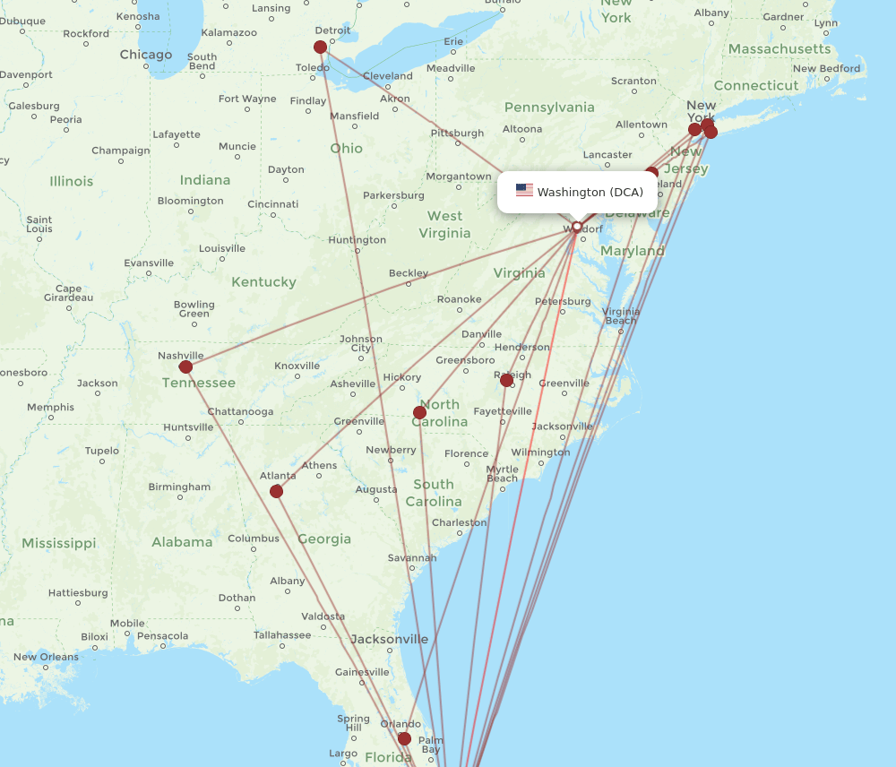 FLL to DCA flights and routes map