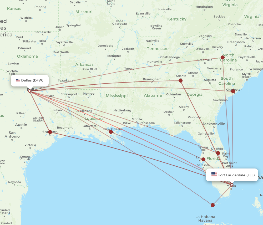 FLL to DFW flights and routes map