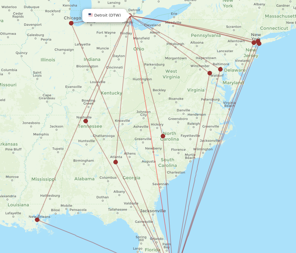 FLL to DTW flights and routes map