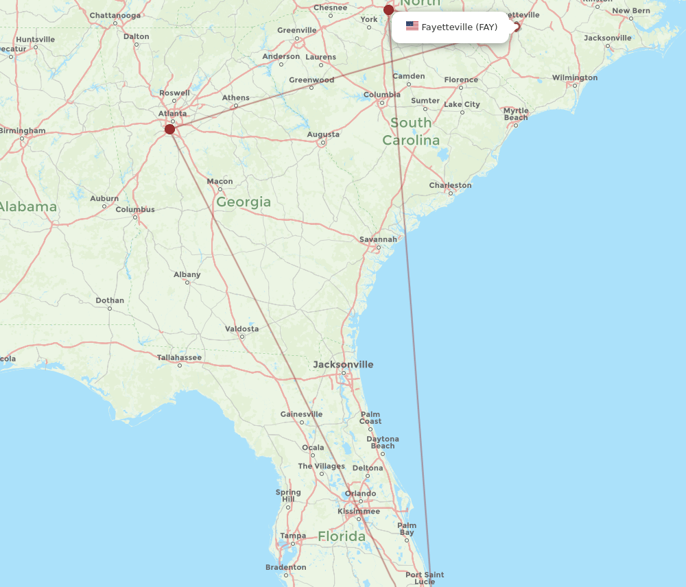 FLL to FAY flights and routes map