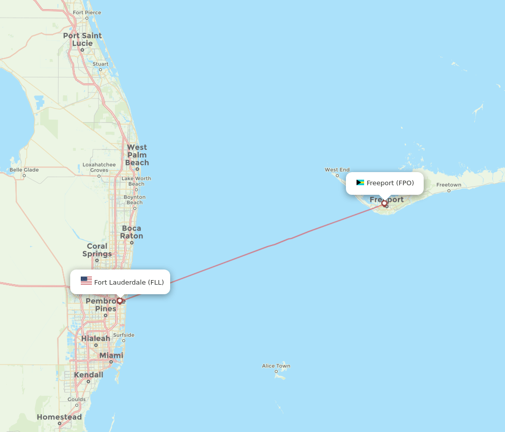 Fort Lauderdale - Freeport route map and flight paths