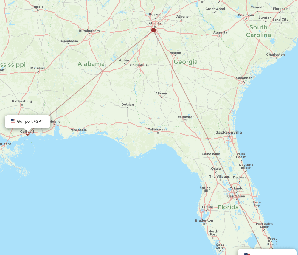 FLL to GPT flights and routes map
