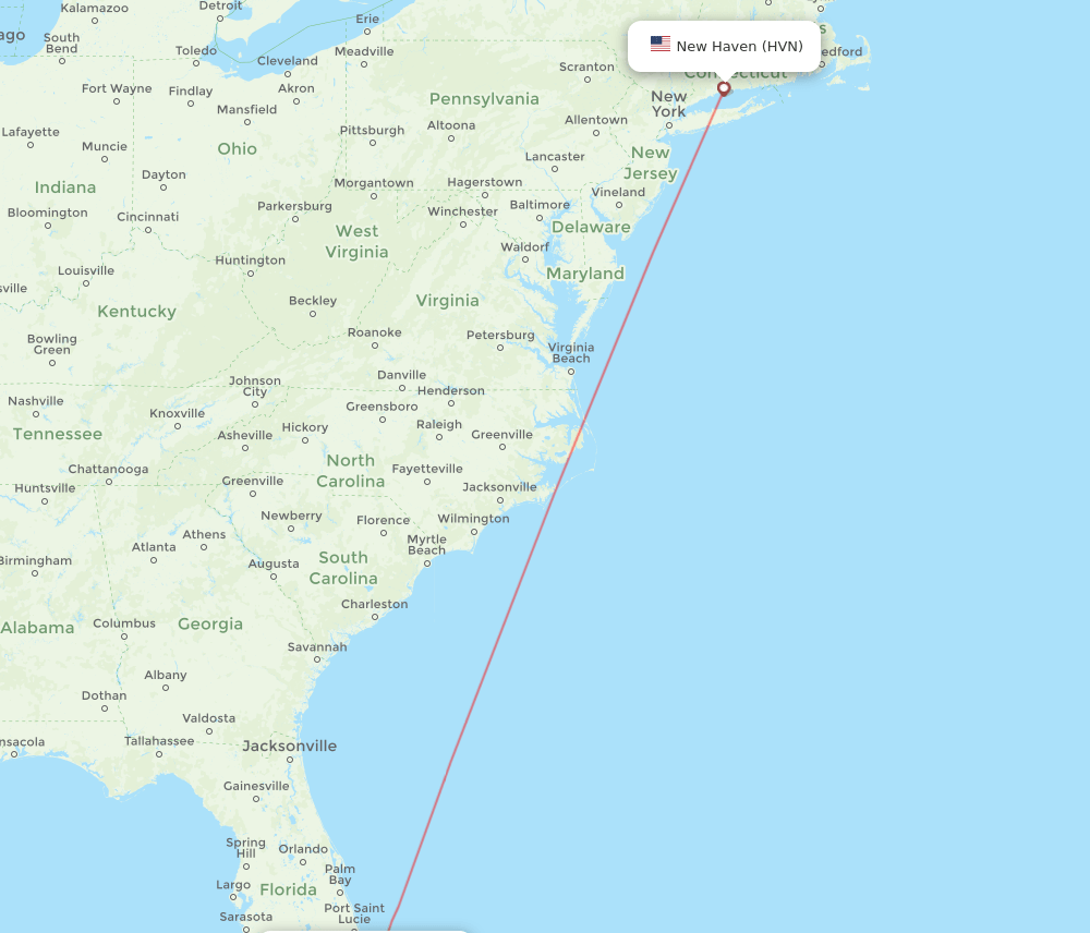 Fort Lauderdale - New Haven route map and flight paths