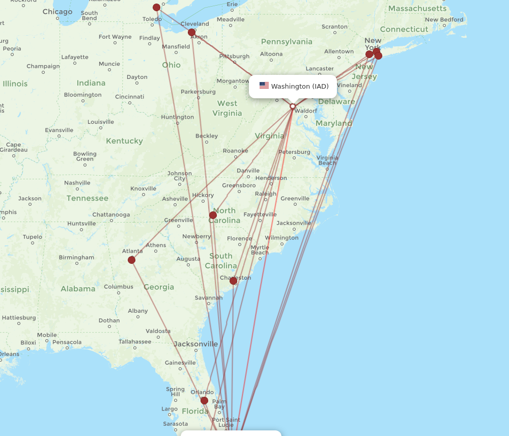 FLL to IAD flights and routes map