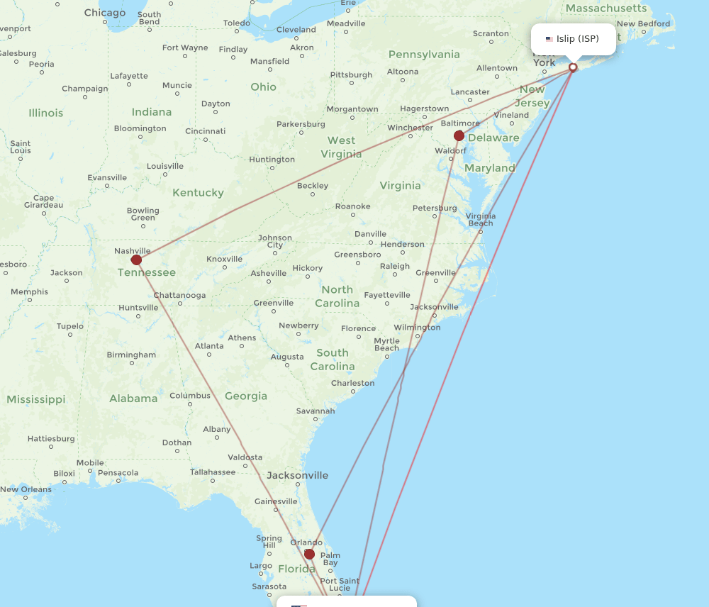 FLL-ISP flight routes