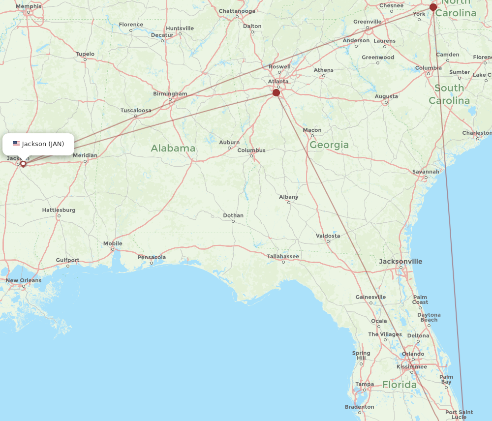 FLL to JAN flights and routes map