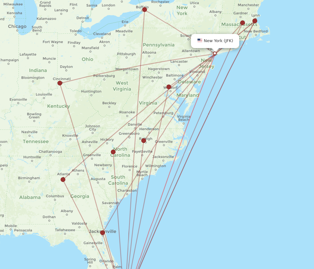 FLL to JFK flights and routes map