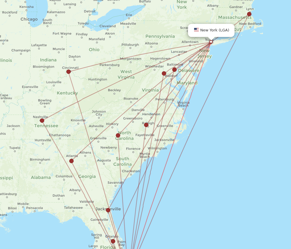 FLL to LGA flights and routes map