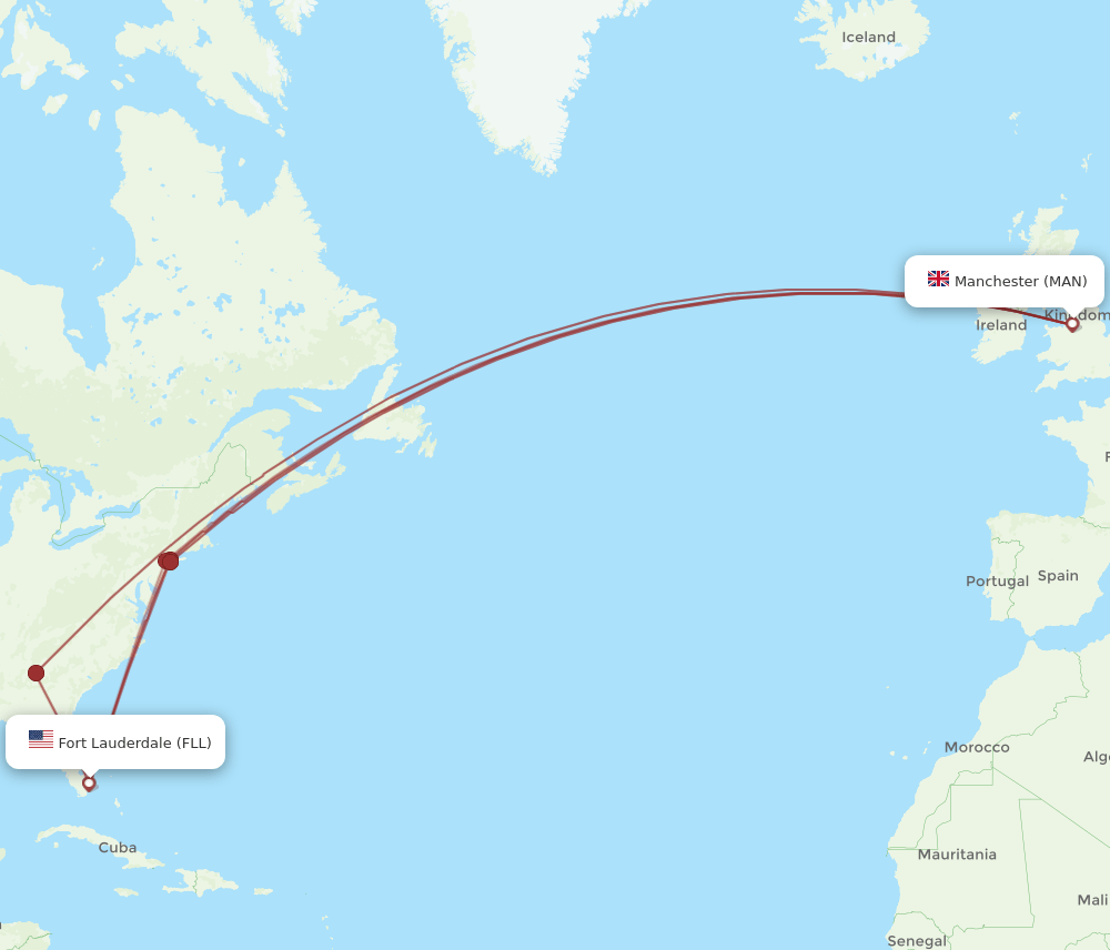 FLL to MAN flights and routes map