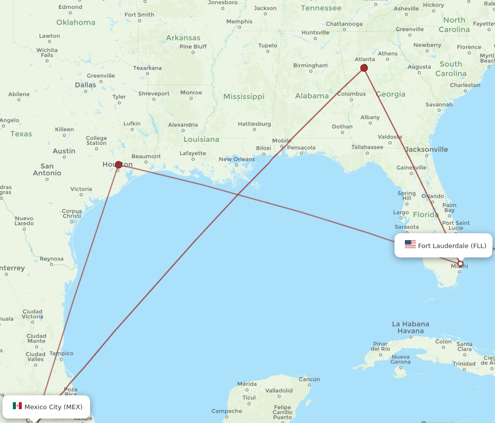 FLL to MEX flights and routes map
