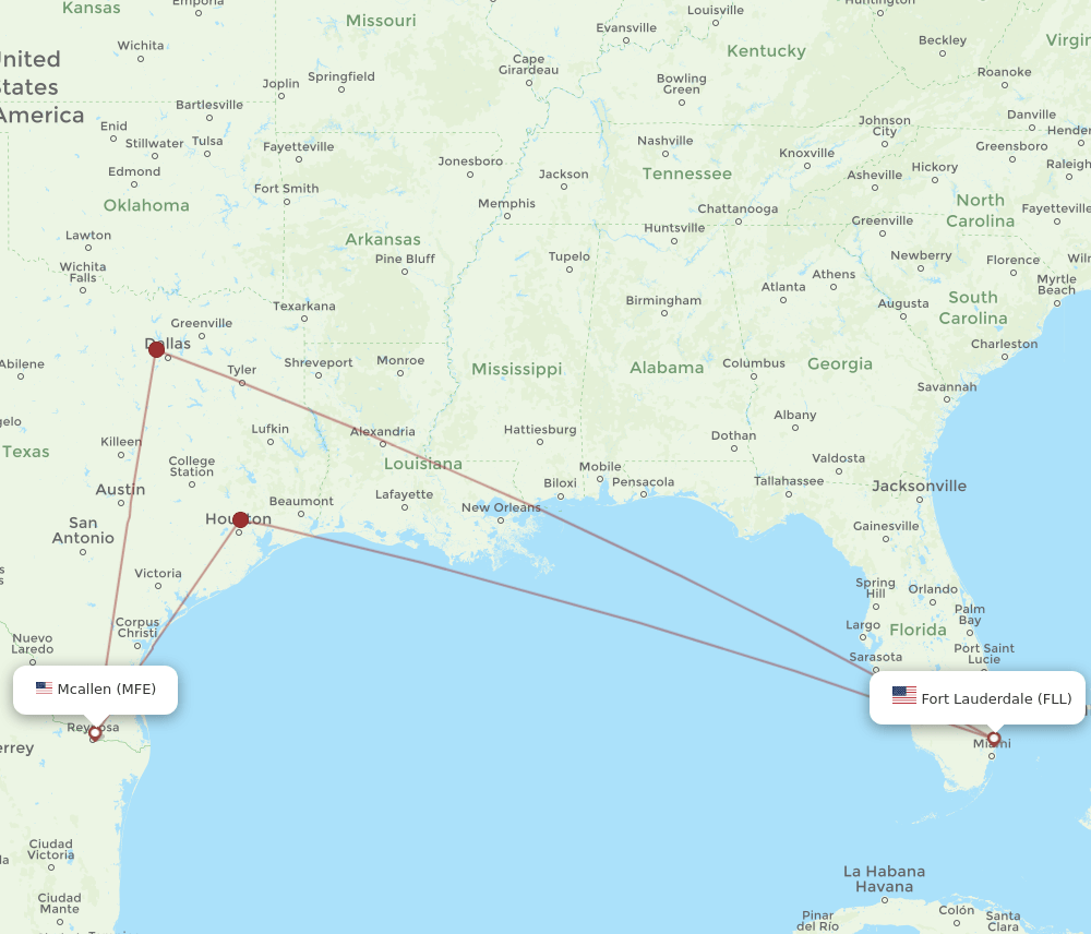 FLL to MFE flights and routes map