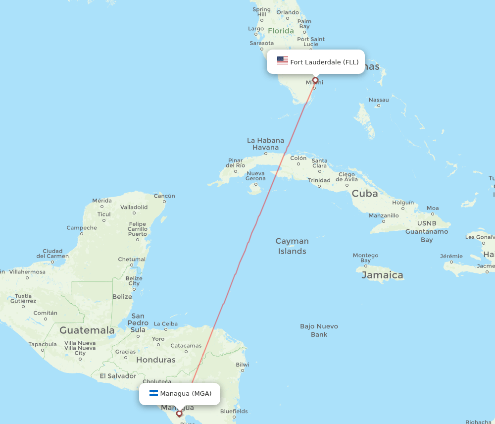 Fort Lauderdale - Managua route map and flight paths