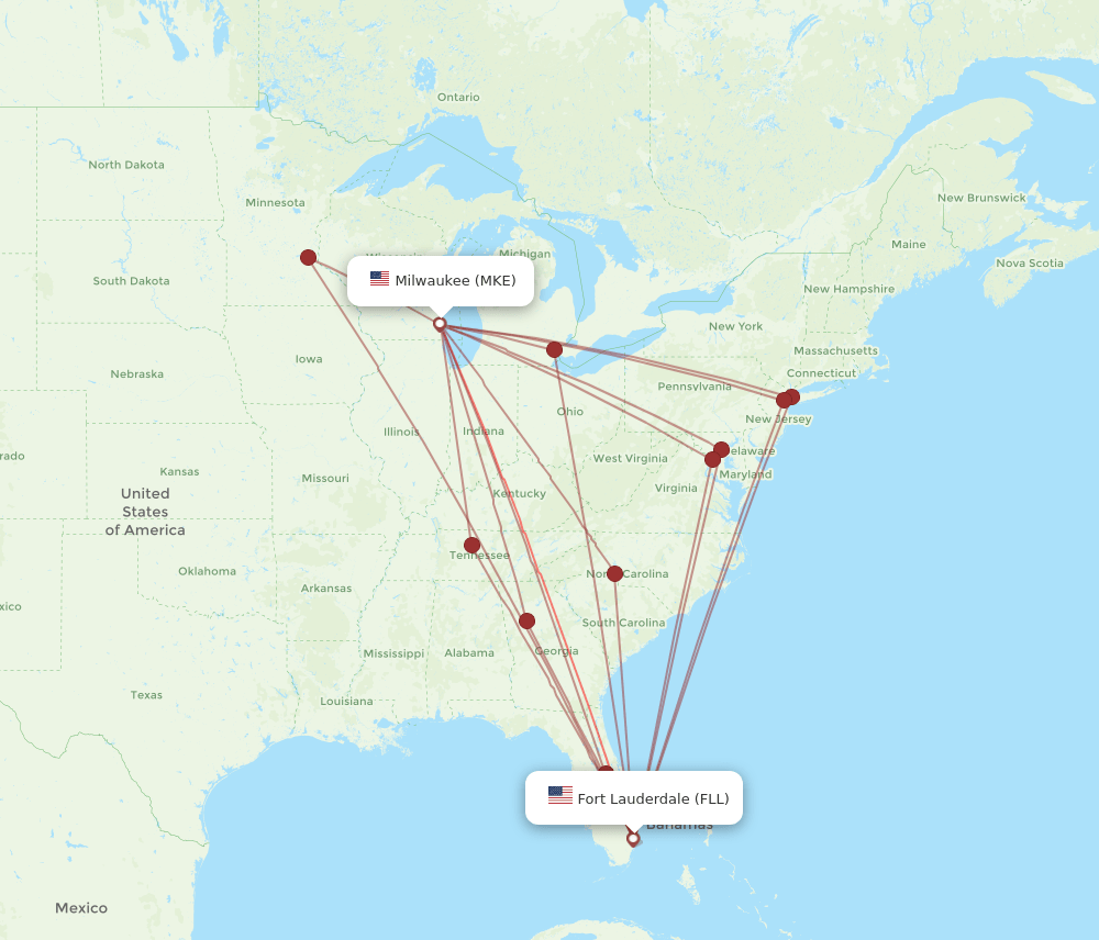 FLL to MKE flights and routes map