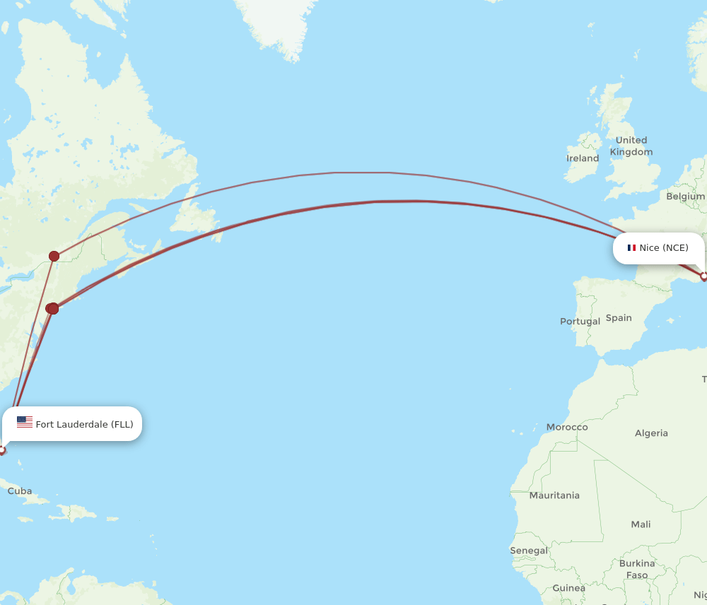 FLL to NCE flights and routes map