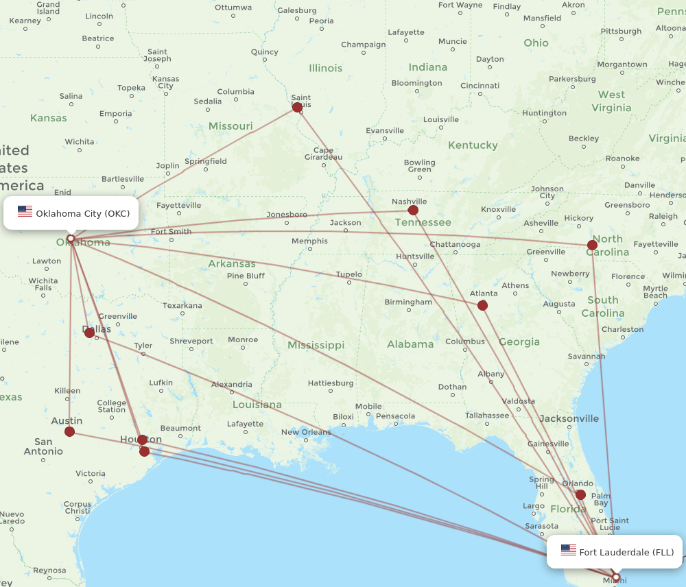FLL-OKC flight routes