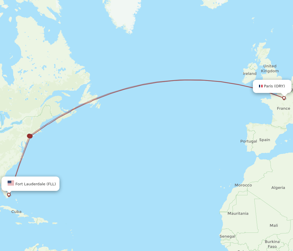 Fort Lauderdale - Paris route map and flight paths