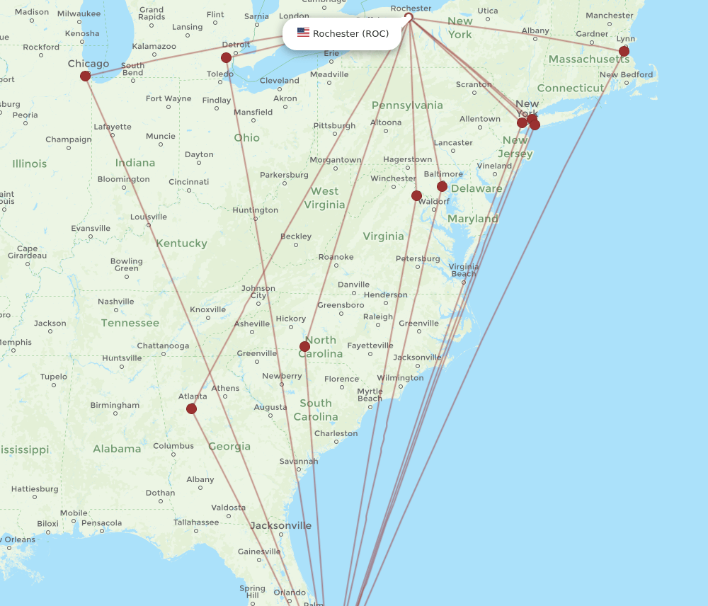 FLL to ROC flights and routes map