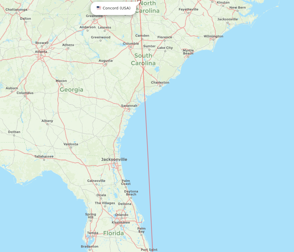 Fort Lauderdale - Concord route map and flight paths