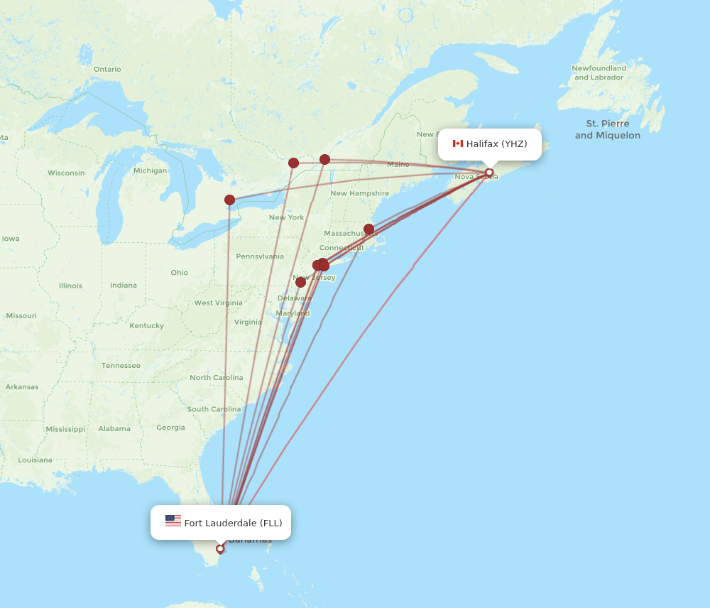 FLL to YHZ flights and routes map