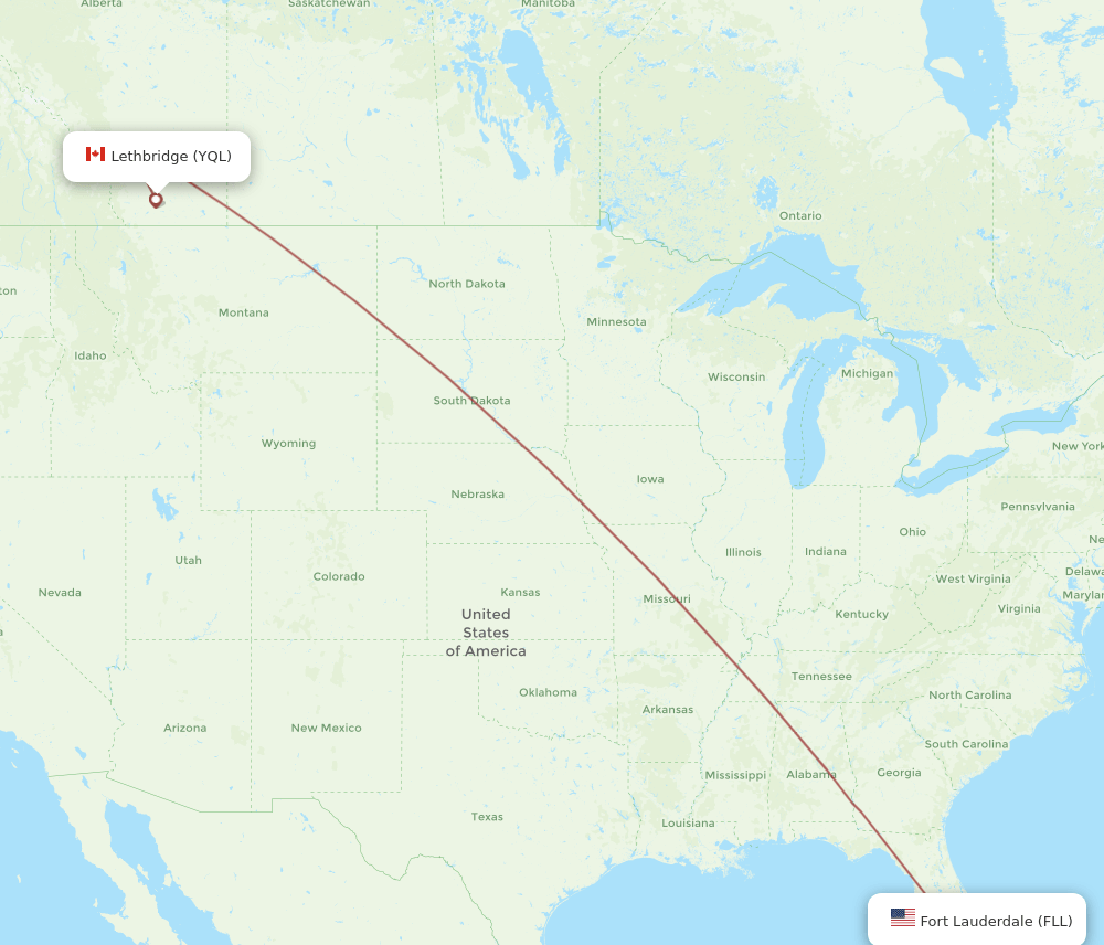 Fort Lauderdale - Lethbridge route map and flight paths