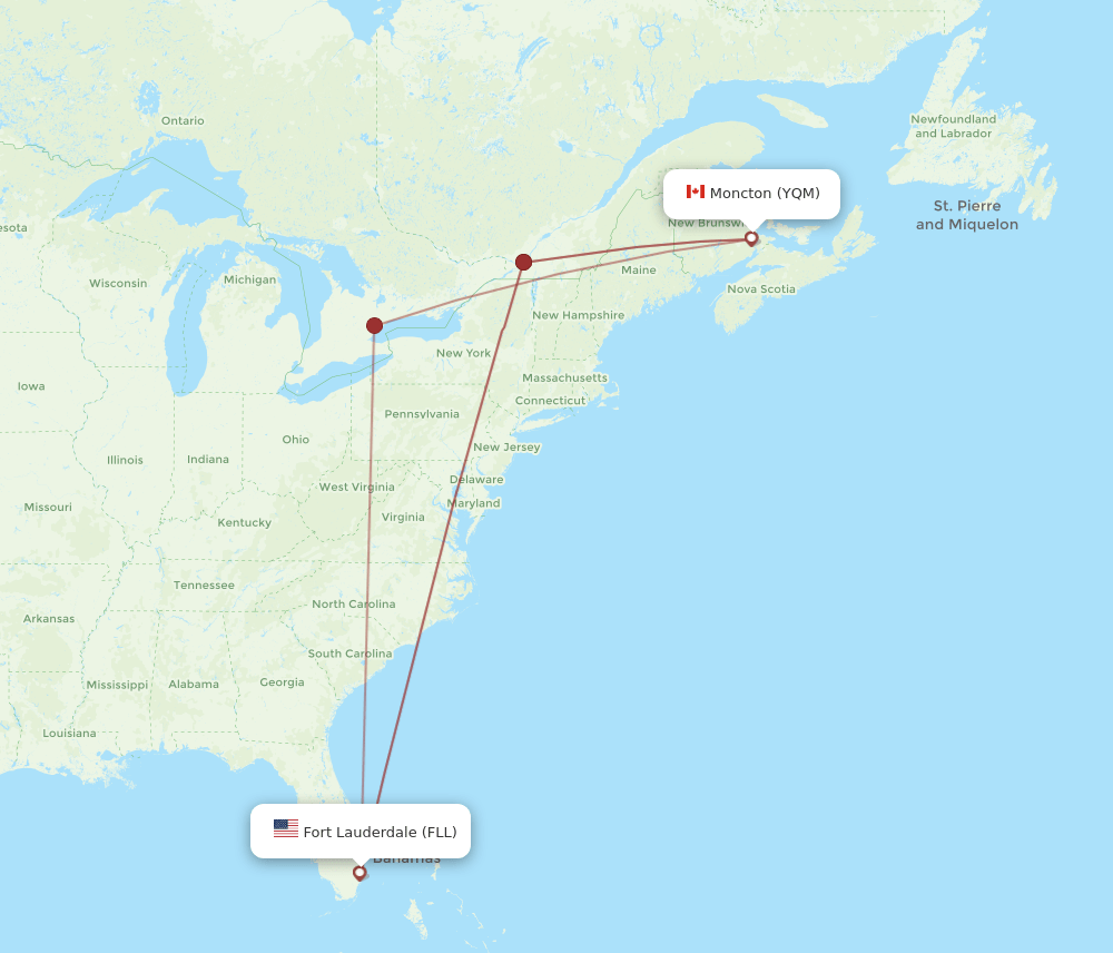 FLL to YQM flights and routes map