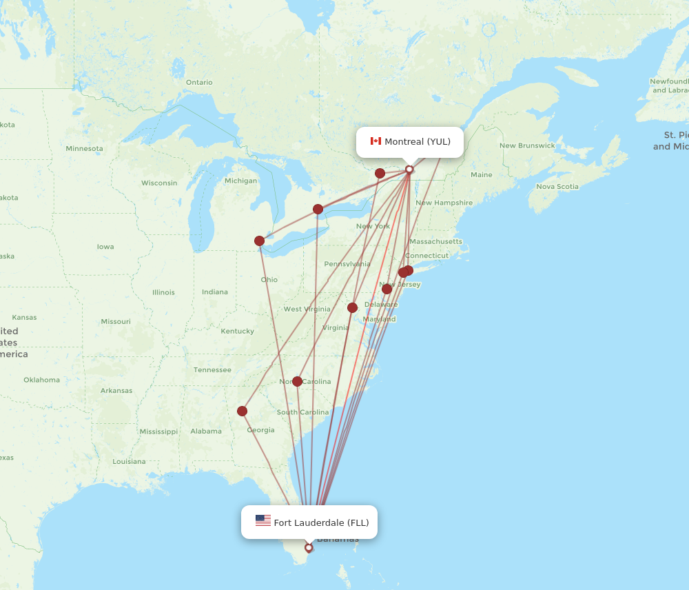 FLL to YUL flights and routes map