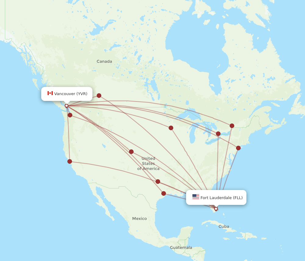 Vancouver - Fort Lauderdale route map and flight paths