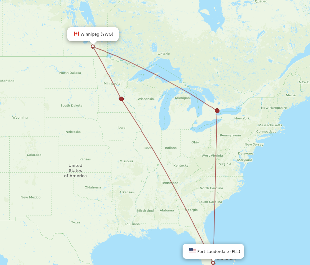 FLL to YWG flights and routes map