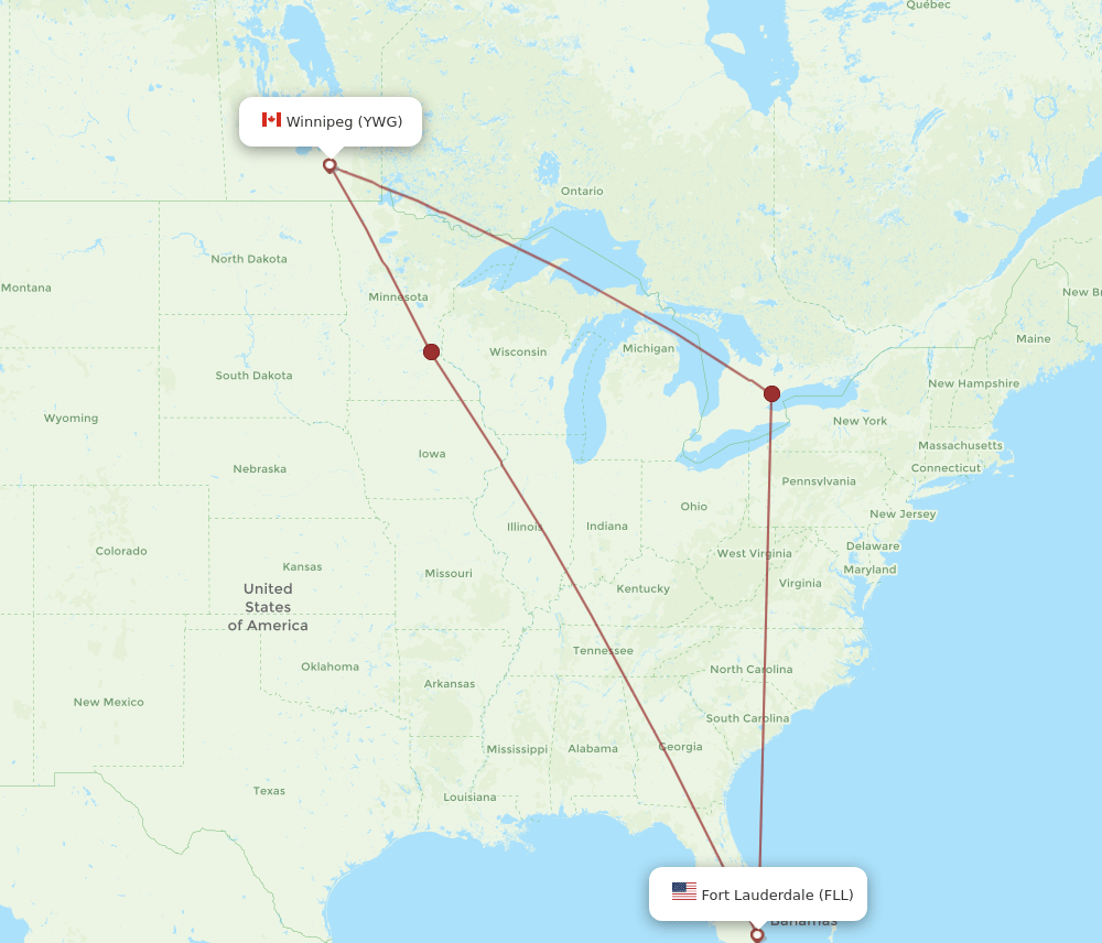 Winnipeg - Fort Lauderdale route map and flight paths