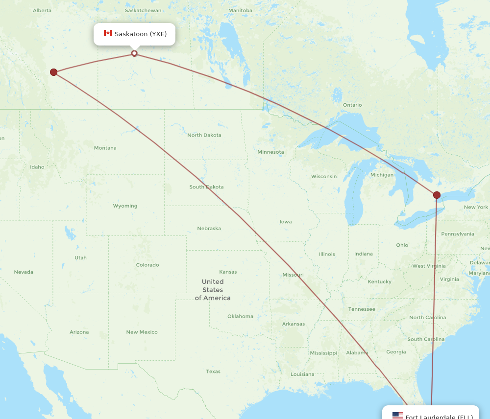 FLL to YXE flights and routes map