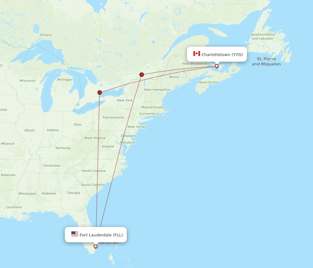 FLL to YYG flights and routes map