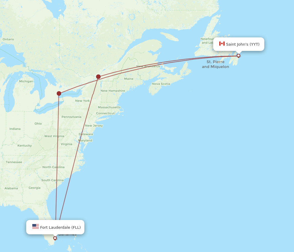 FLL to YYT flights and routes map