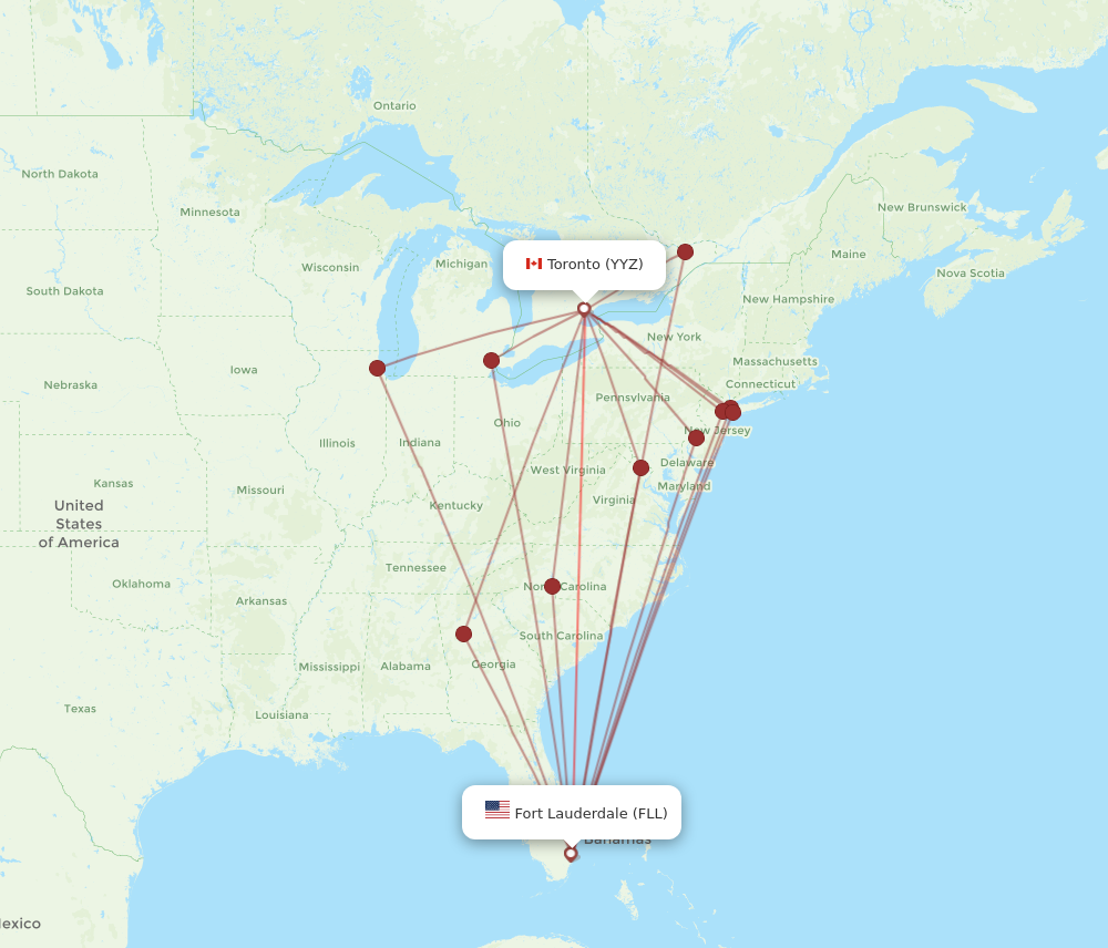 FLL to YYZ flights and routes map
