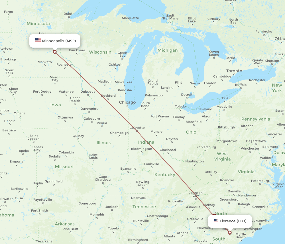 FLO to MSP flights and routes map
