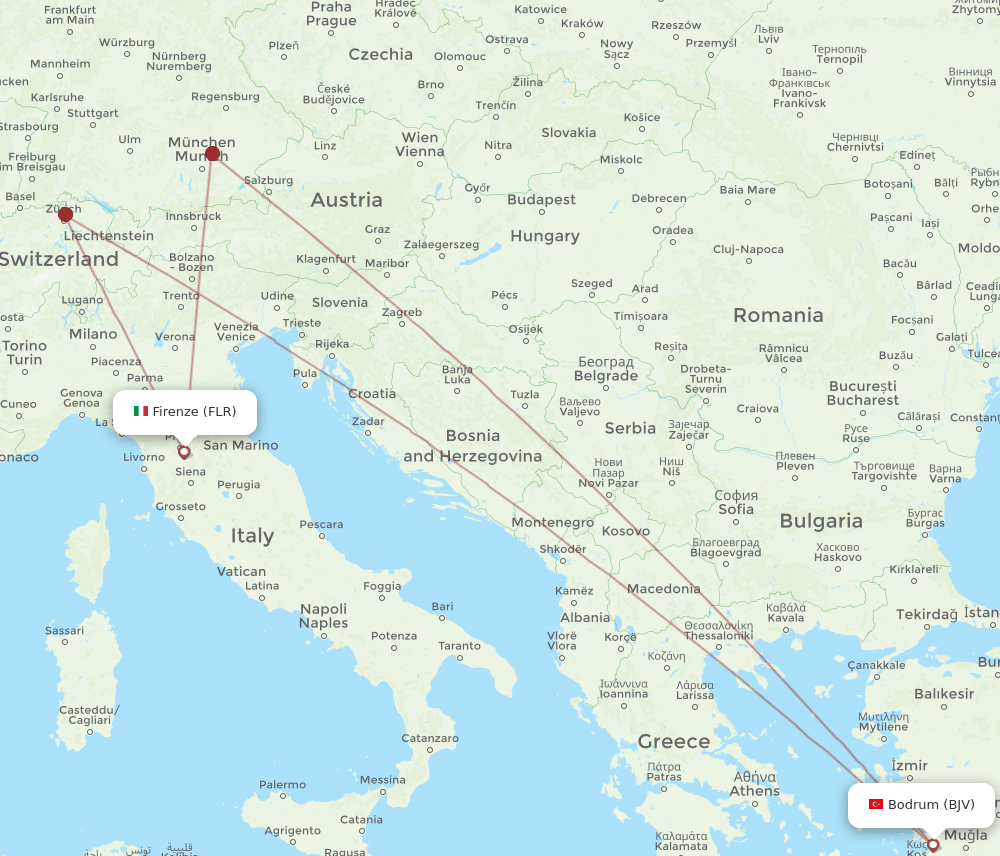 Bodrum - Florence route map and flight paths