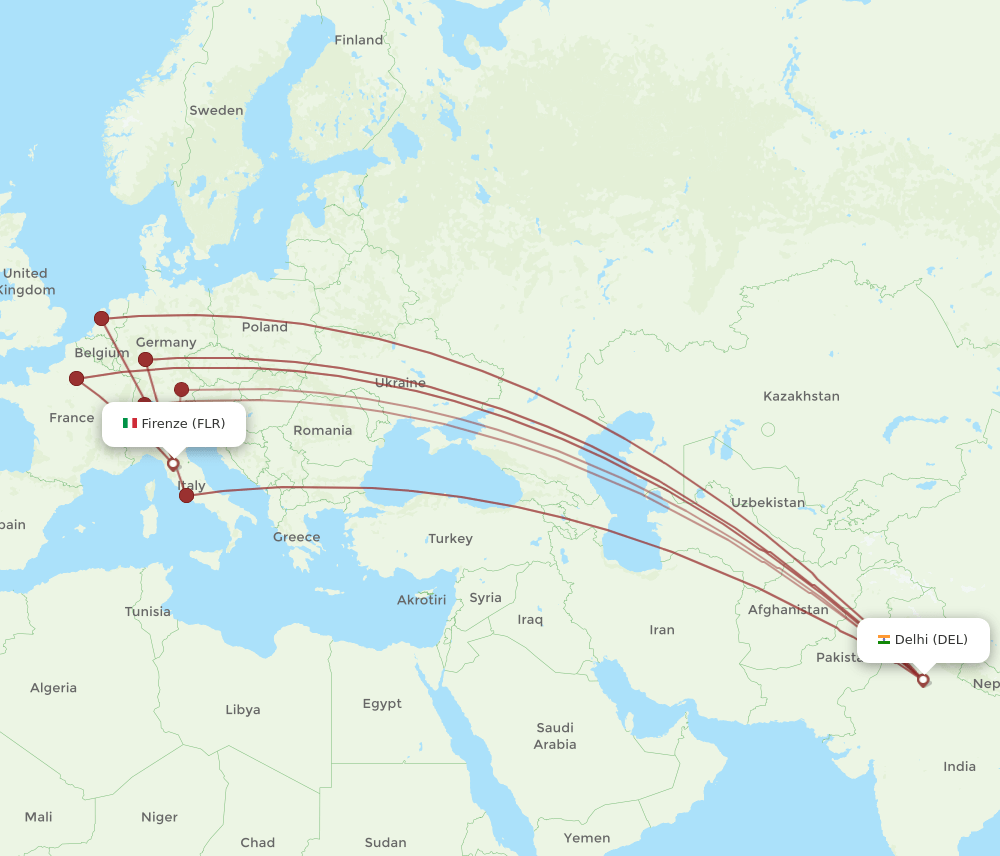 FLR to DEL flights and routes map