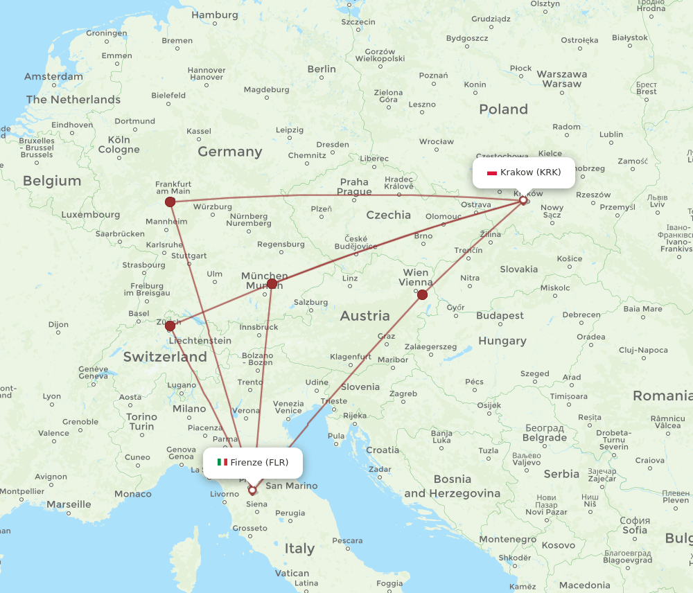 FLR-KRK flight routes