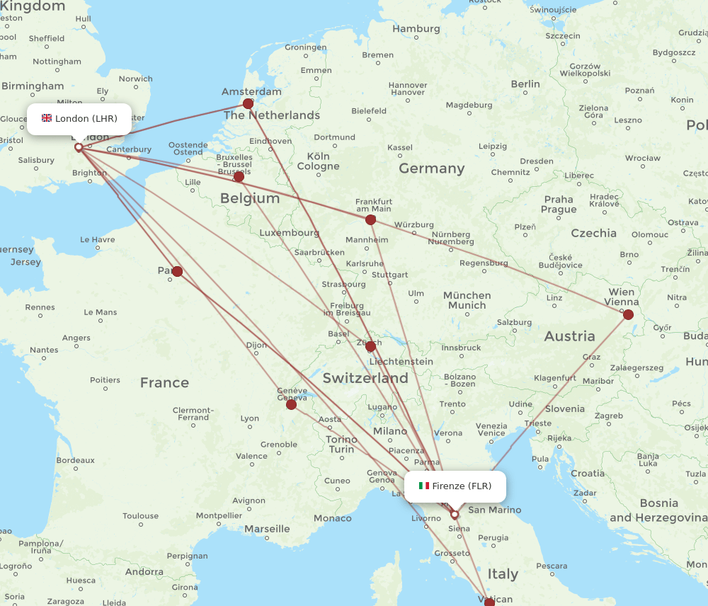 FLR to LHR flights and routes map