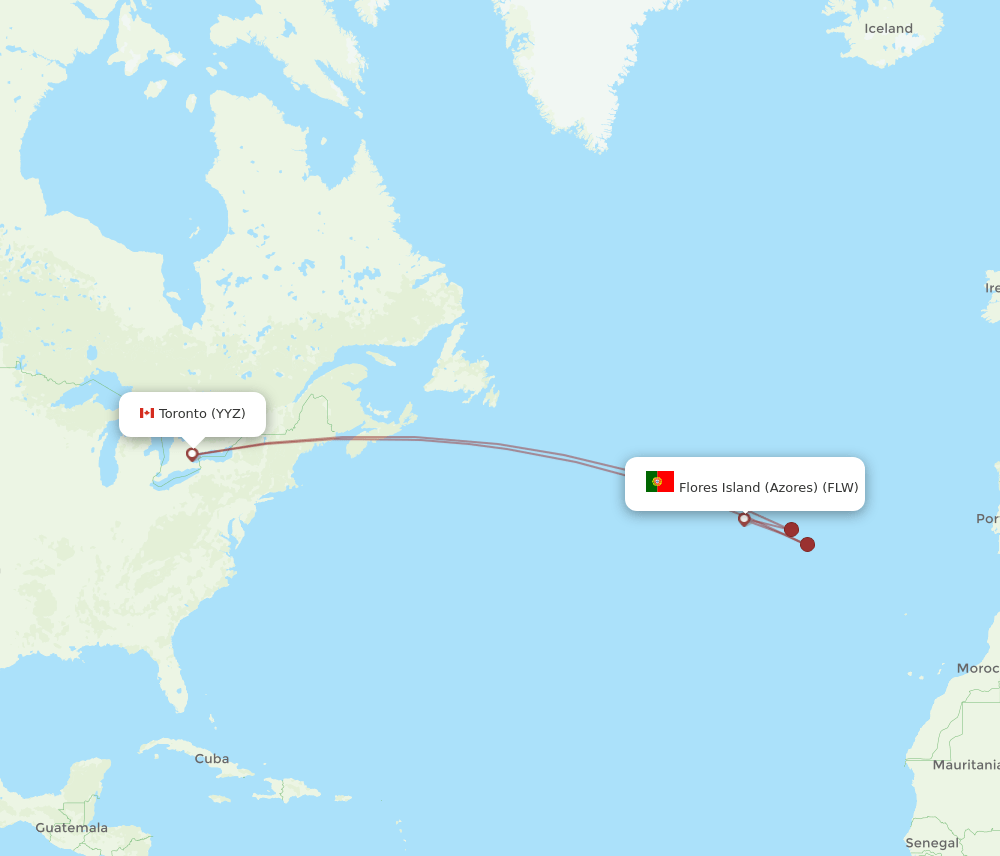 Toronto - Flores Island (Azores) route map and flight paths