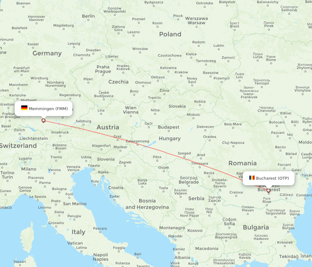 Memmingen - Bucharest route map and flight paths