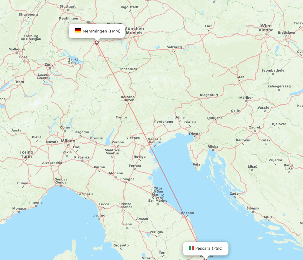 Pescara - Memmingen route map and flight paths