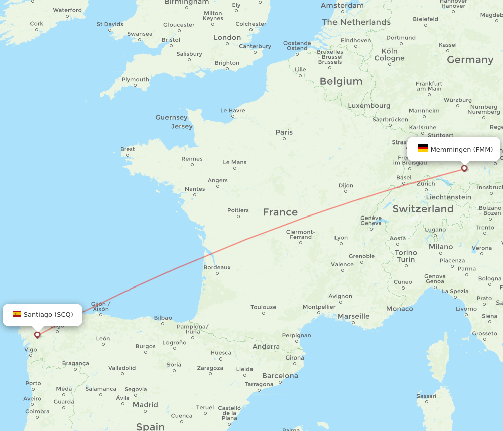 Memmingen - Santiago De Compostela route map and flight paths