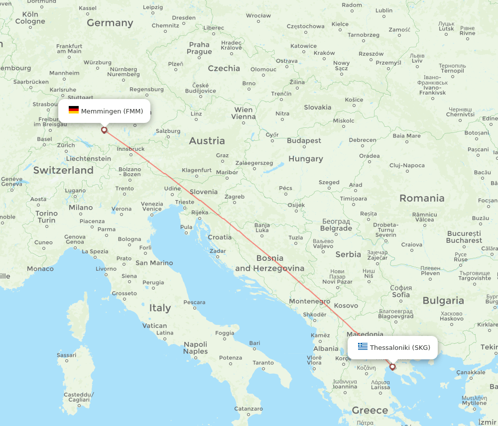 Memmingen - Thessaloniki route map and flight paths