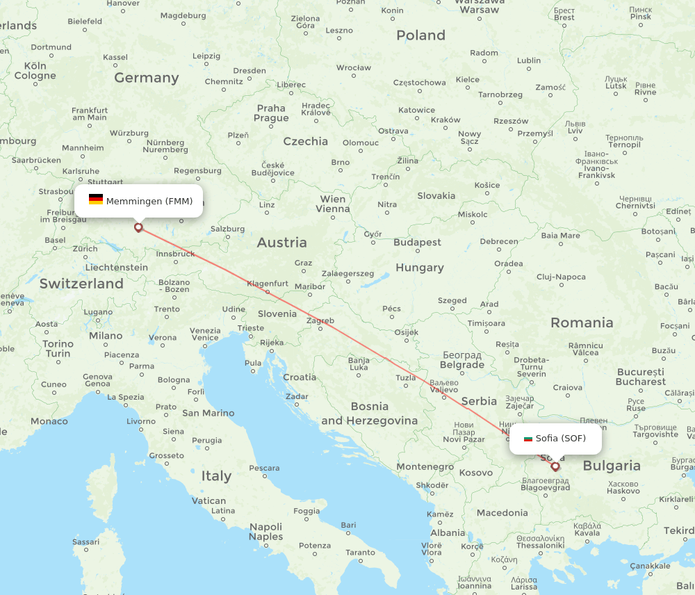 Memmingen - Sofia route map and flight paths